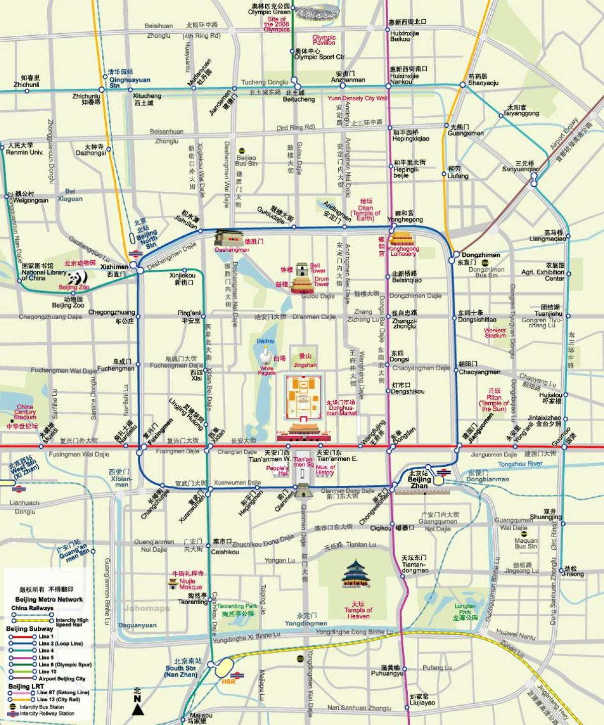 kaart van Beijing subway map met toeristische attracties
